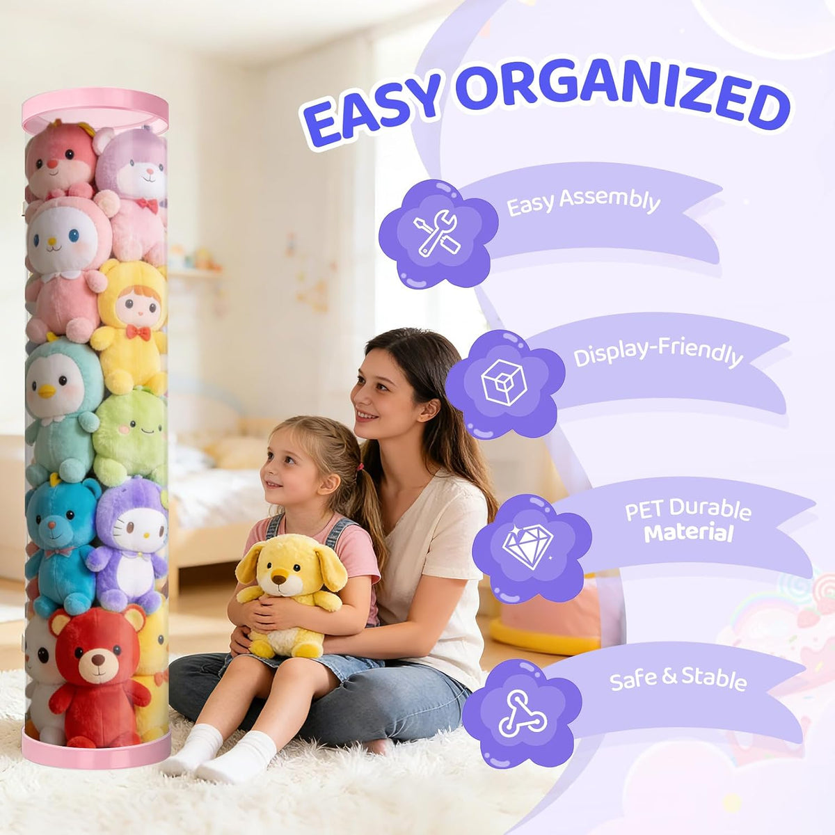 Stuffed Animal Storage Tube, Dust-Resistant 47x11 Inches Large Capacity Toy Storage Organizer with Zipper, Easy Assembly & Space Saving for Plush Toys, Playrooms Living Rooms Bedrooms White