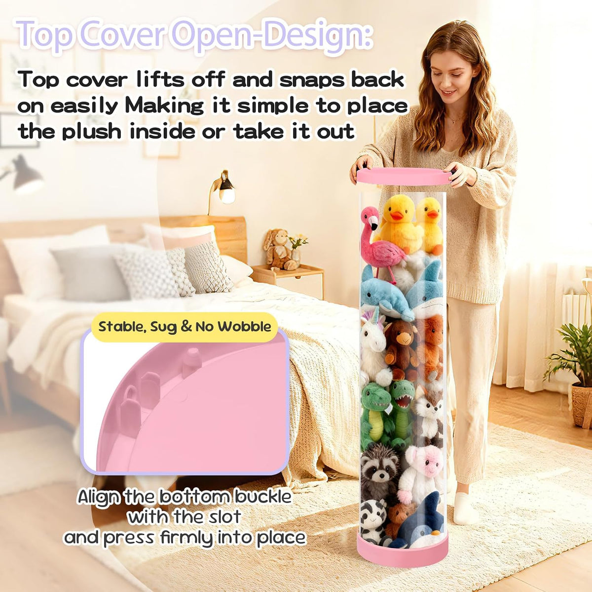 Stuffed Animal Storage Tube, Dust-Resistant 47x11 Inches Large Capacity Toy Storage Organizer with Zipper, Easy Assembly & Space Saving for Plush Toys, Playrooms Living Rooms Bedrooms White