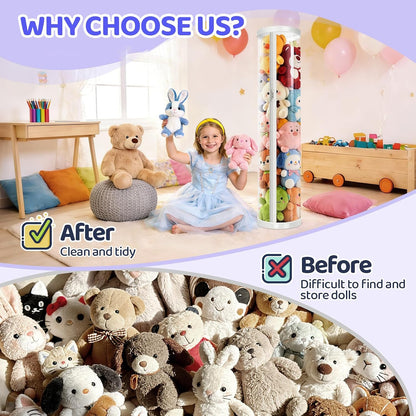 Stuffed Animal Storage Tube, Dust-Resistant 47x11 Inches Large Capacity Toy Storage Organizer with Zipper, Easy Assembly & Space Saving for Plush Toys, Playrooms Living Rooms Bedrooms White