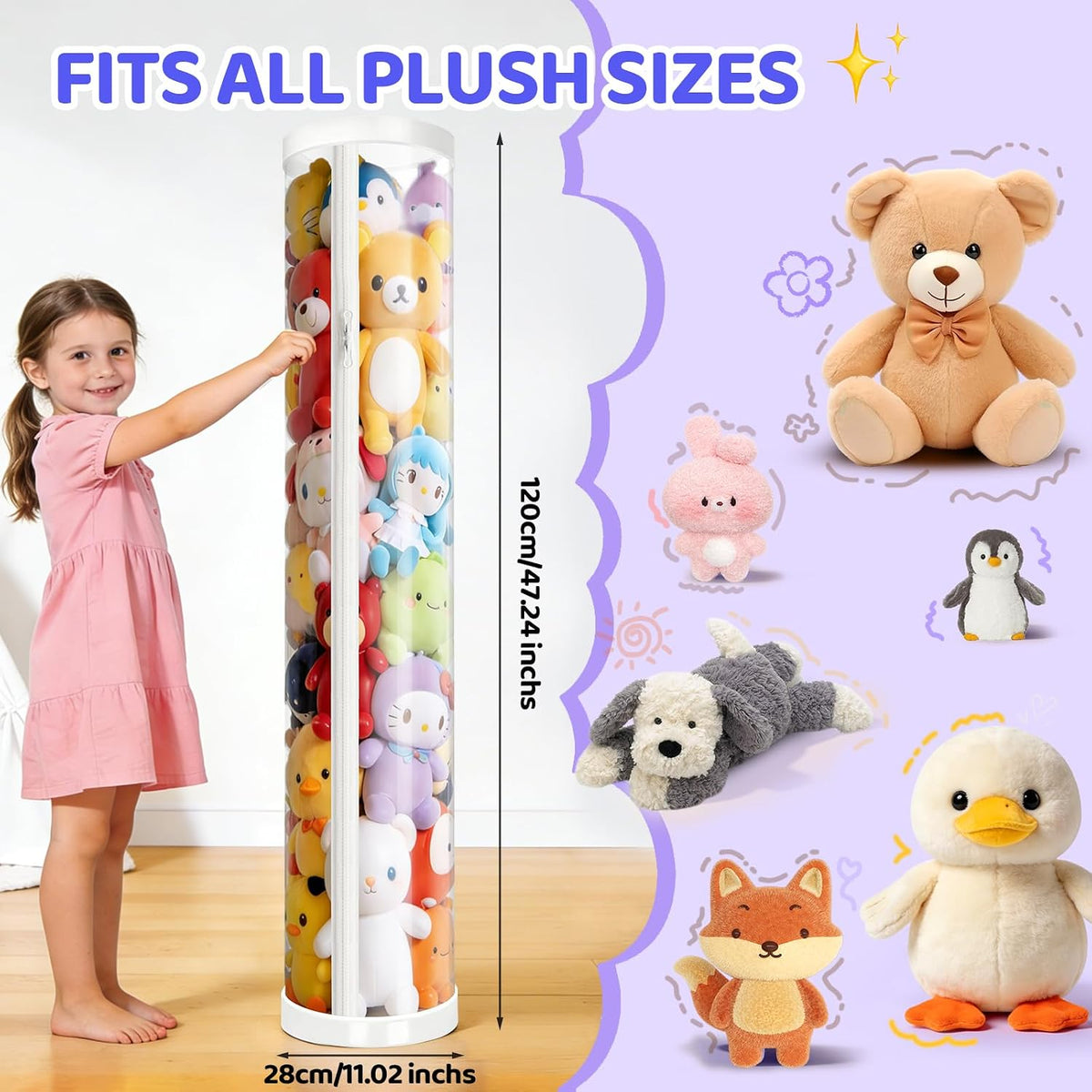 Stuffed Animal Storage Tube, Dust-Resistant 47x11 Inches Large Capacity Toy Storage Organizer with Zipper, Easy Assembly & Space Saving for Plush Toys, Playrooms Living Rooms Bedrooms White