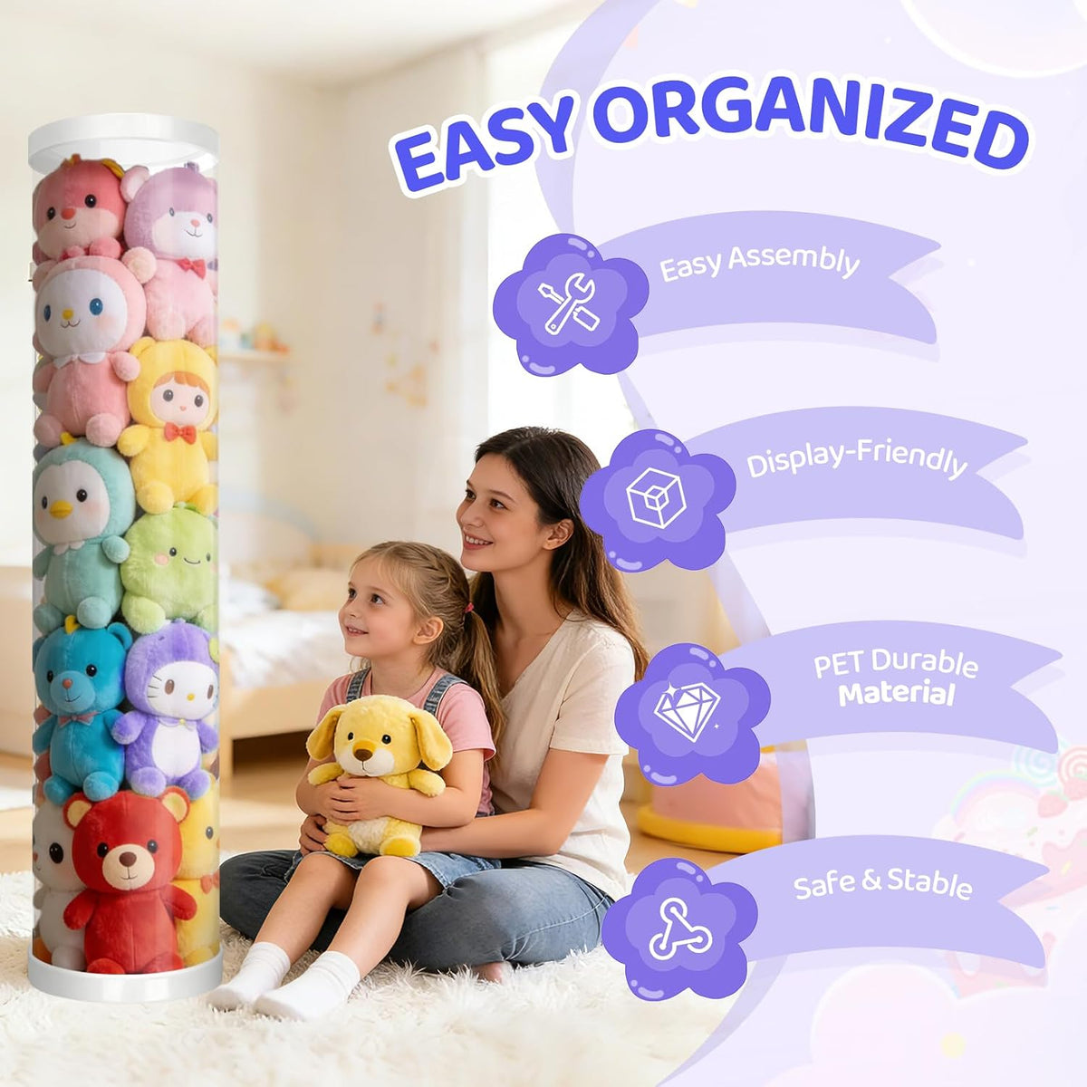 Stuffed Animal Storage Tube, Dust-Resistant 47x11 Inches Large Capacity Toy Storage Organizer with Zipper, Easy Assembly & Space Saving for Plush Toys, Playrooms Living Rooms Bedrooms White