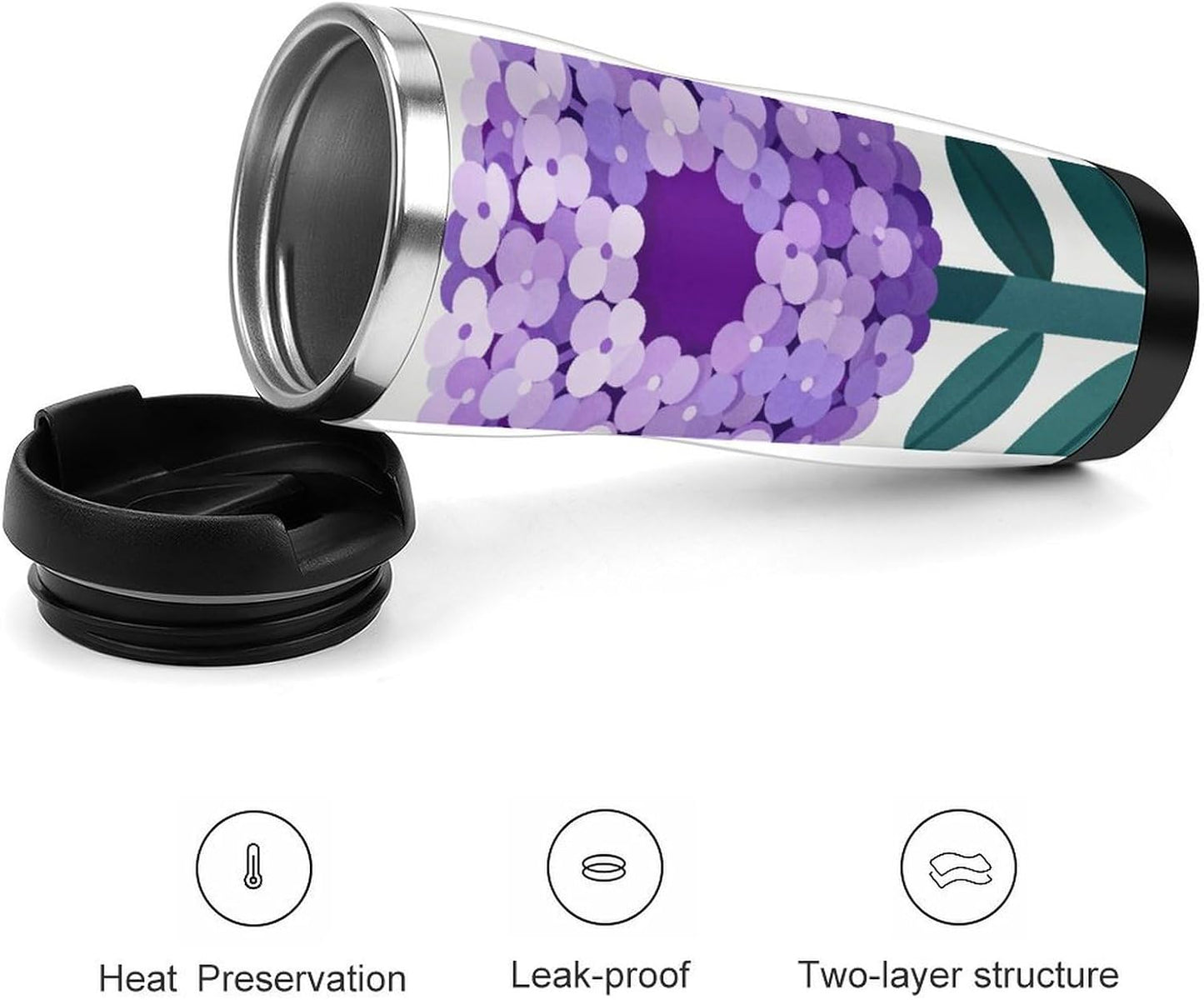 13oz Insulated Travel Coffee Mug Reusable Coffee Cup Water Bottle | Purple Flower Travel Mug with Leak Proof Lid Double Wall Stainless Steel Coffee Tumbler Personalized Gift