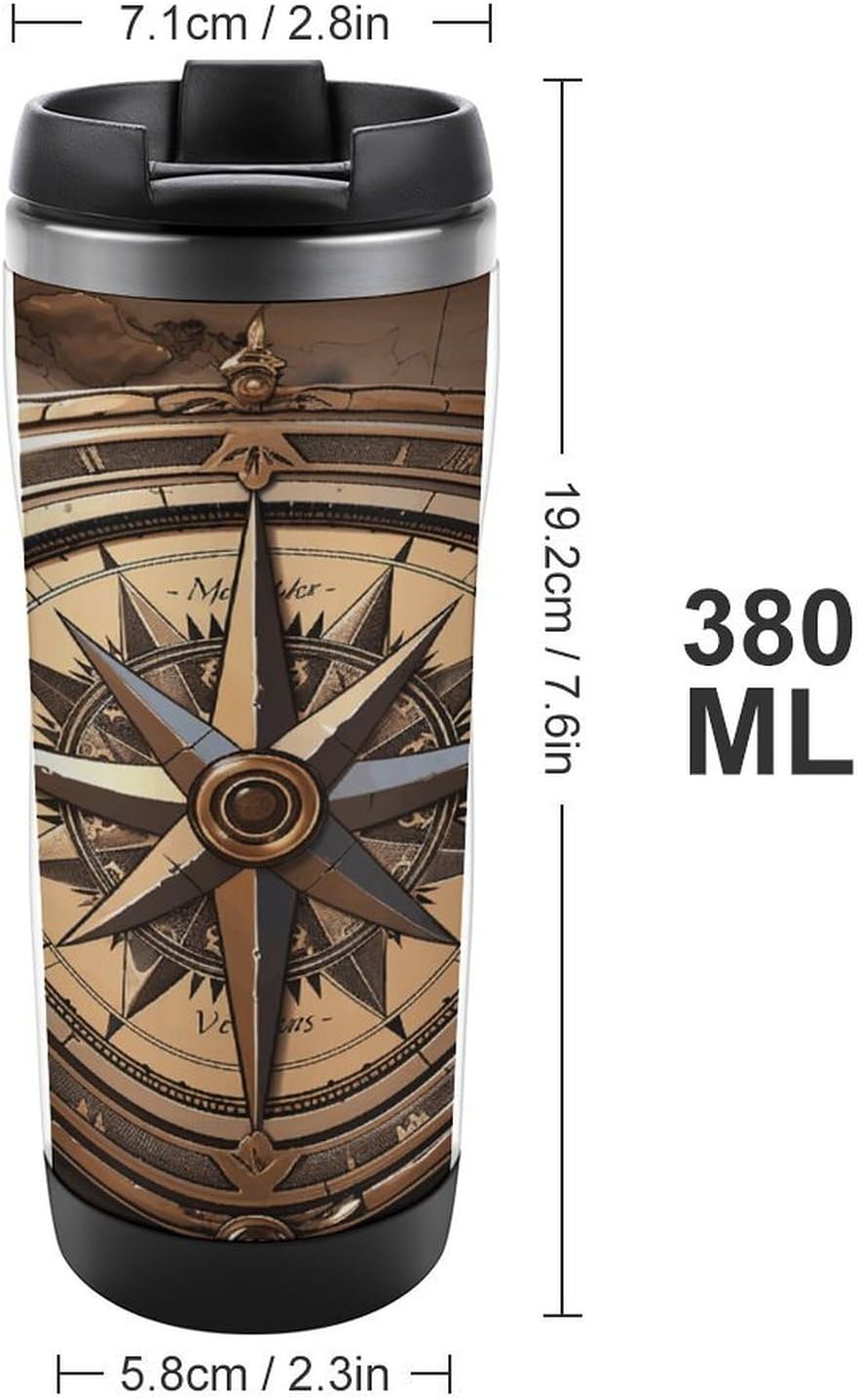 13oz Insulated Travel Coffee Mug Reusable Coffee Cup Water Bottle | Compass Wind Road Map Travel Mug with Leak Proof Lid Double Wall Stainless Steel Coffee Tumbler Personalized Gift