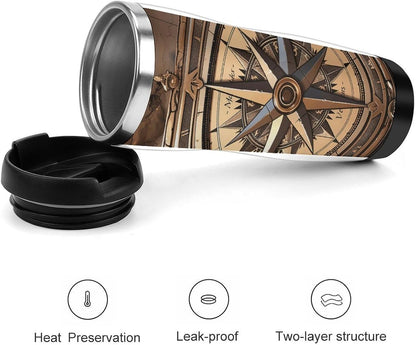 13oz Insulated Travel Coffee Mug Reusable Coffee Cup Water Bottle | Compass Wind Road Map Travel Mug with Leak Proof Lid Double Wall Stainless Steel Coffee Tumbler Personalized Gift
