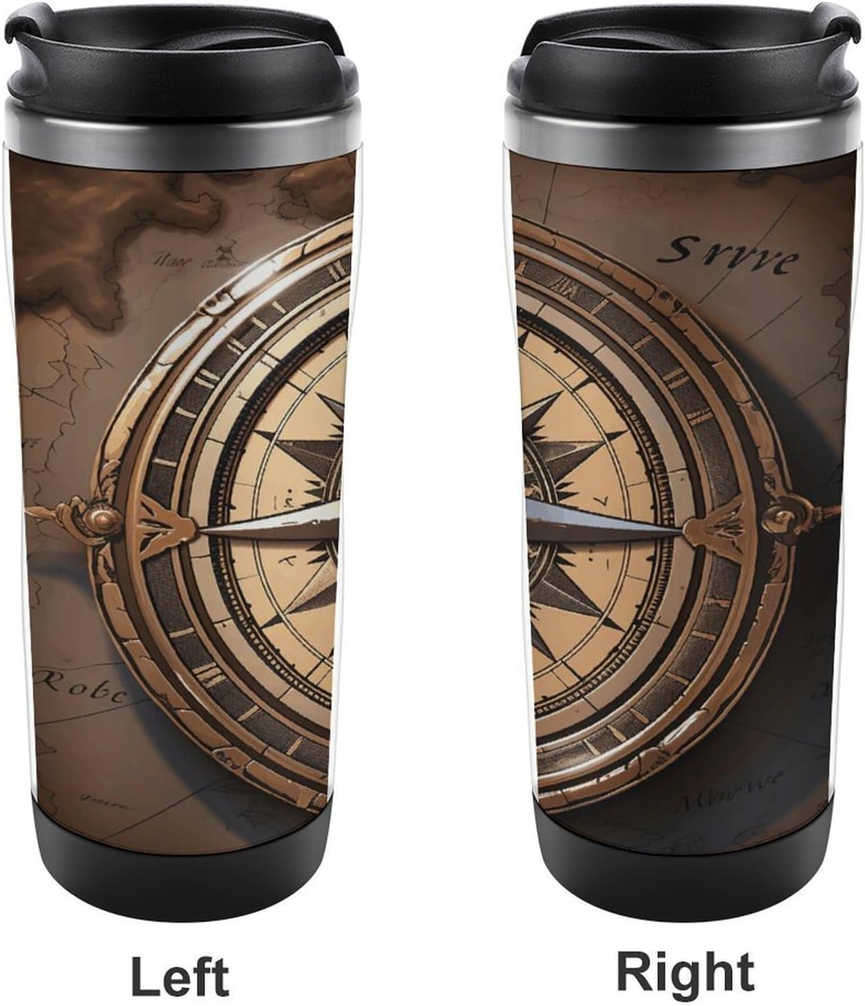13oz Insulated Travel Coffee Mug Reusable Coffee Cup Water Bottle | Compass Wind Road Map Travel Mug with Leak Proof Lid Double Wall Stainless Steel Coffee Tumbler Personalized Gift