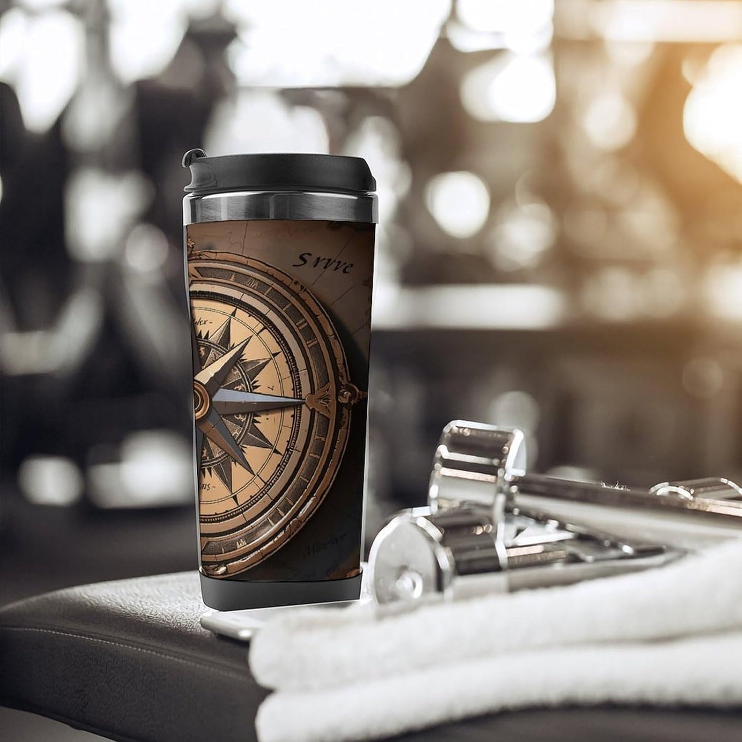 13oz Insulated Travel Coffee Mug Reusable Coffee Cup Water Bottle | Compass Wind Road Map Travel Mug with Leak Proof Lid Double Wall Stainless Steel Coffee Tumbler Personalized Gift