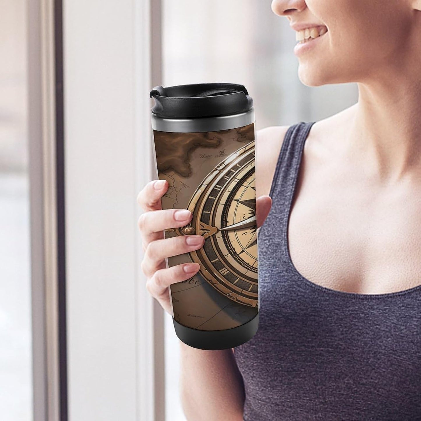13oz Insulated Travel Coffee Mug Reusable Coffee Cup Water Bottle | Compass Wind Road Map Travel Mug with Leak Proof Lid Double Wall Stainless Steel Coffee Tumbler Personalized Gift