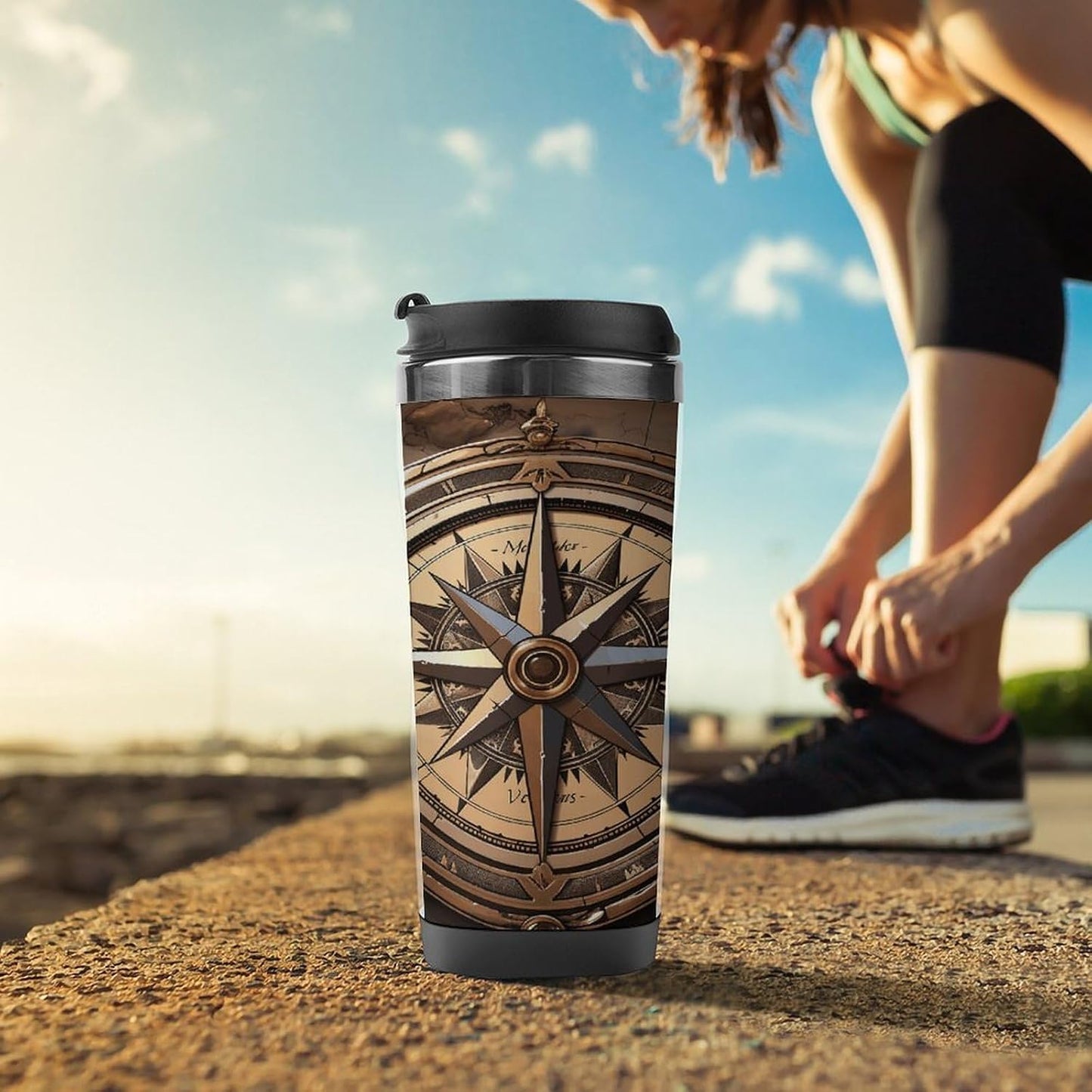 13oz Insulated Travel Coffee Mug Reusable Coffee Cup Water Bottle | Compass Wind Road Map Travel Mug with Leak Proof Lid Double Wall Stainless Steel Coffee Tumbler Personalized Gift