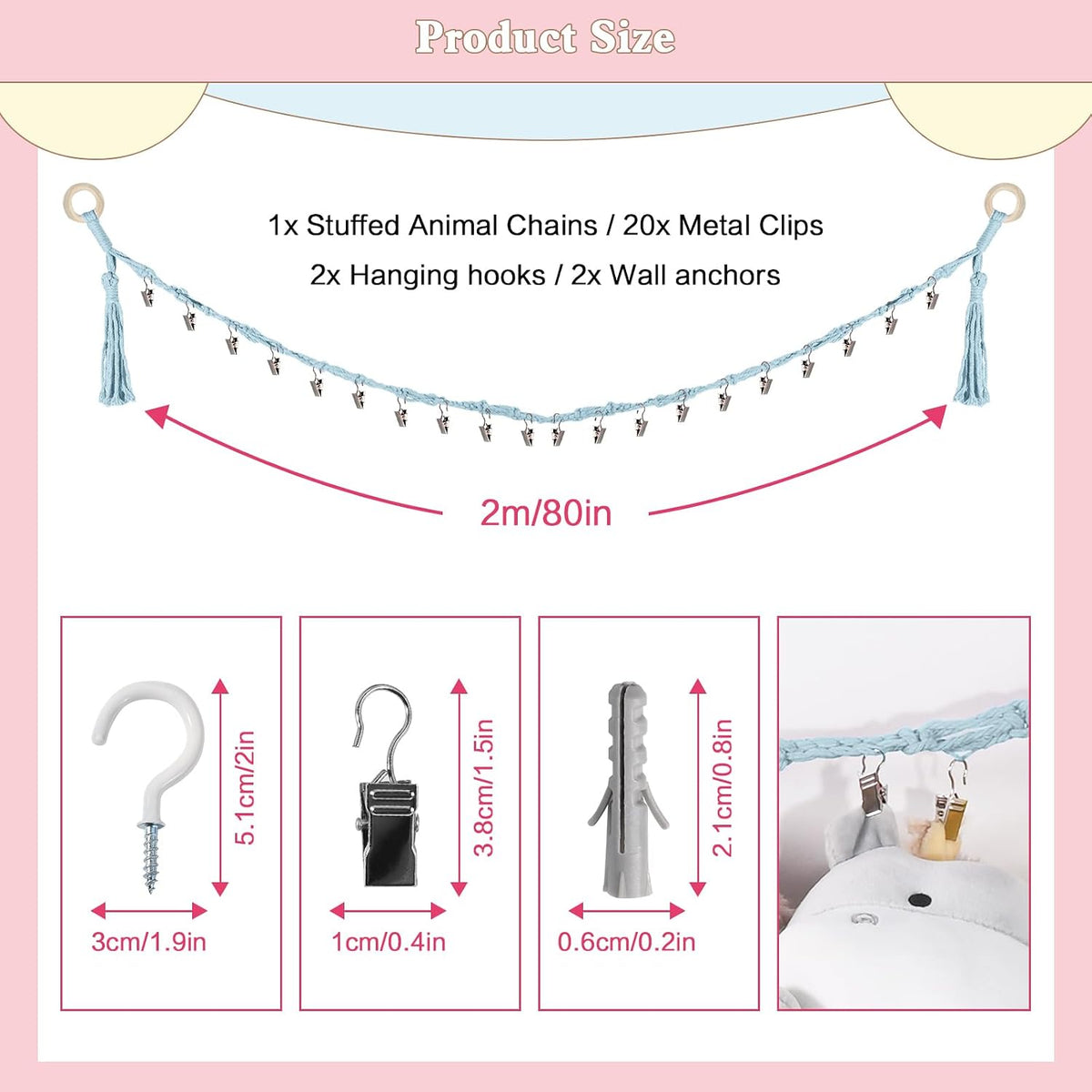 80" Stuffed Animal Organizer Chain, Wall Corner Storage, White,2pcs