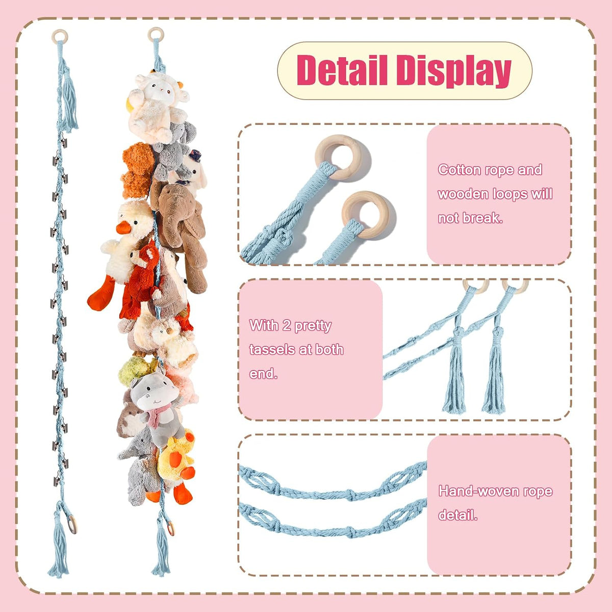 80" Stuffed Animal Organizer Chain, Wall Corner Storage, White,2pcs