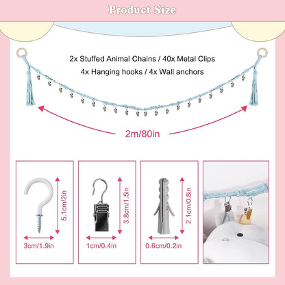 80" Stuffed Animal Organizer Chain, Wall Corner Storage, White,2pcs