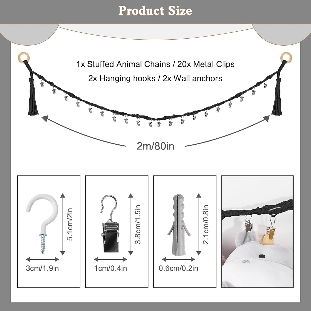 80" Stuffed Animal Organizer Chain, Wall Corner Storage, White,2pcs