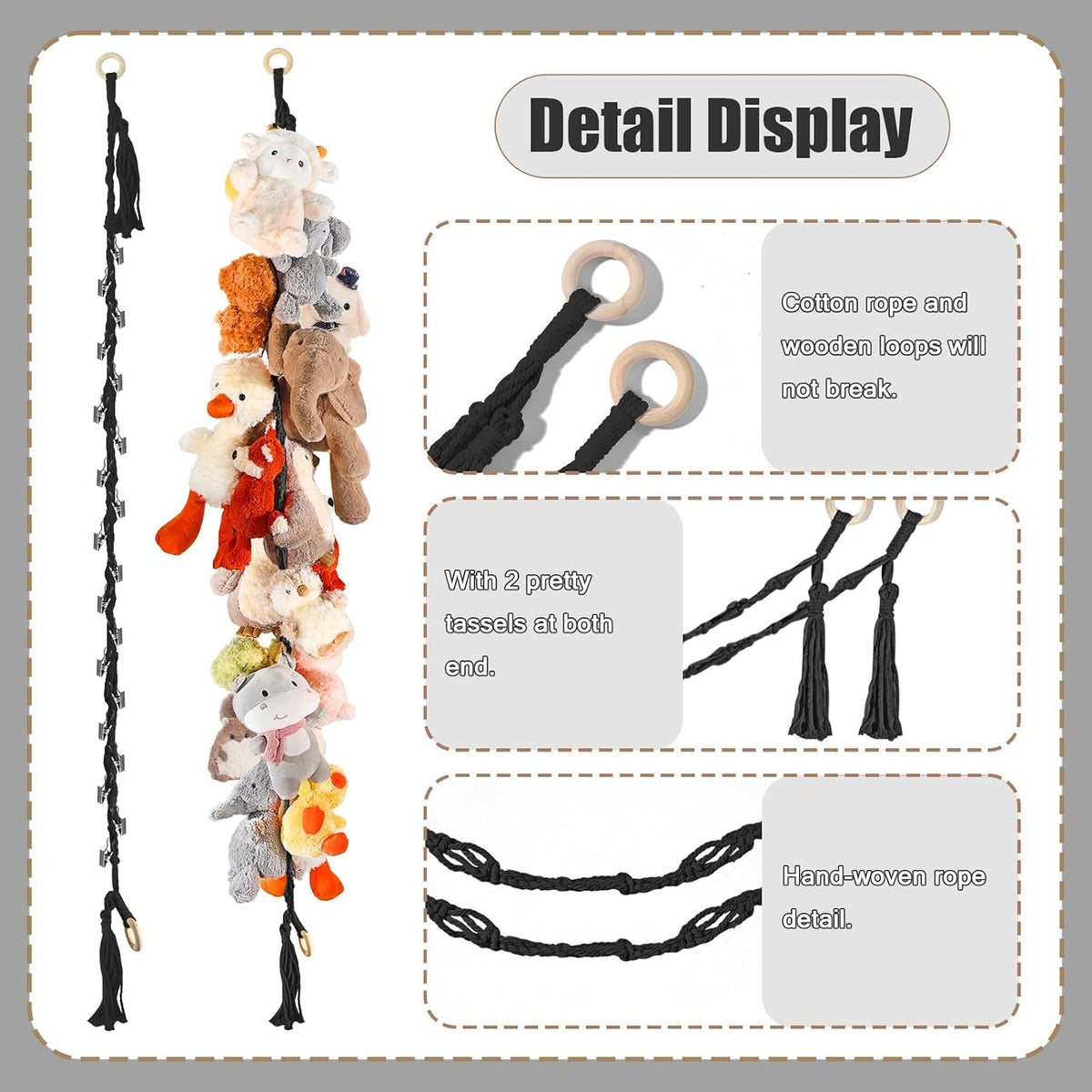 80" Stuffed Animal Organizer Chain, Wall Corner Storage, White,2pcs