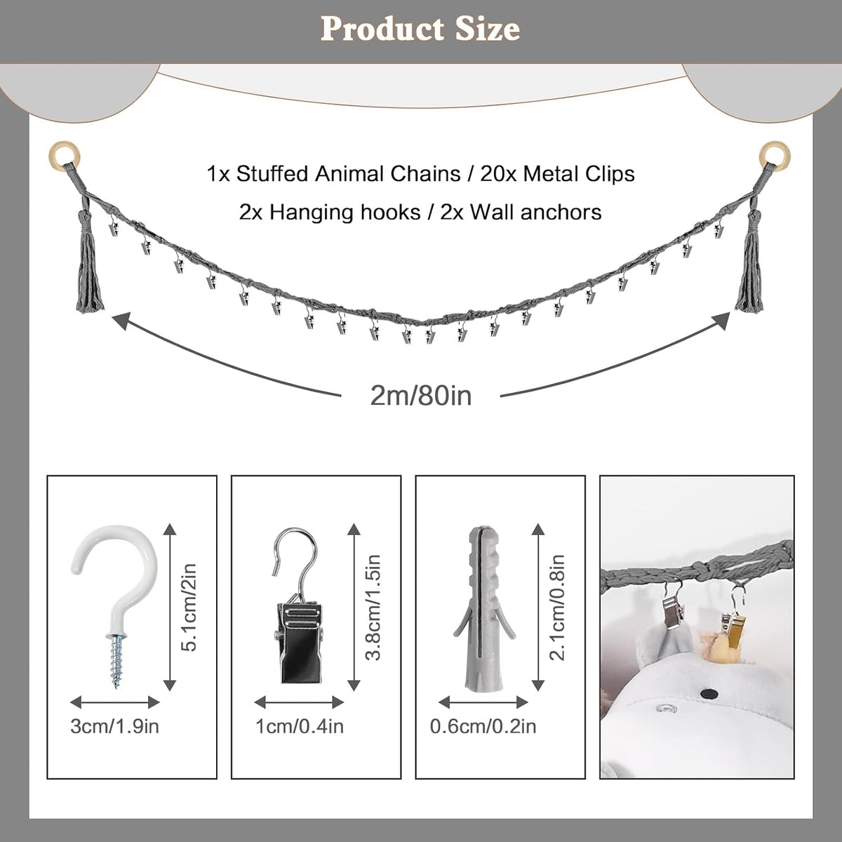 80" Stuffed Animal Organizer Chain, Wall Corner Storage, White,2pcs