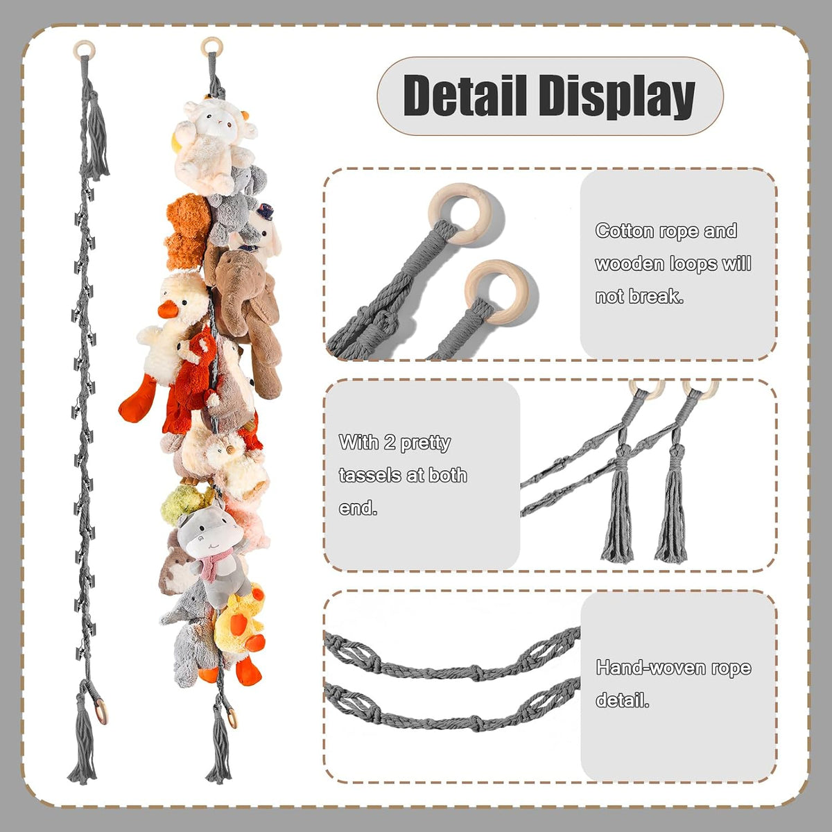 80" Stuffed Animal Organizer Chain, Wall Corner Storage, White,2pcs