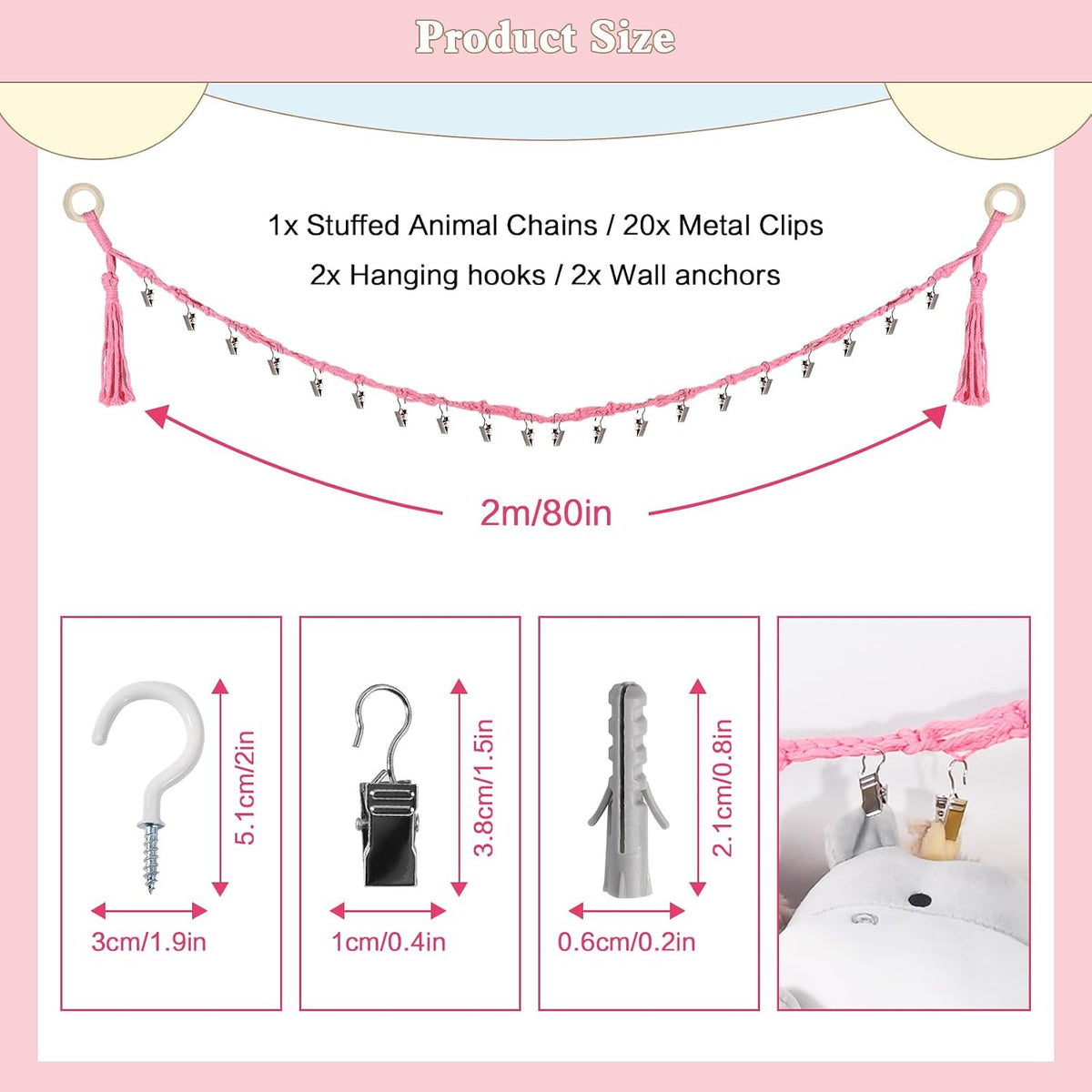 80" Stuffed Animal Organizer Chain, Wall Corner Storage, White,2pcs