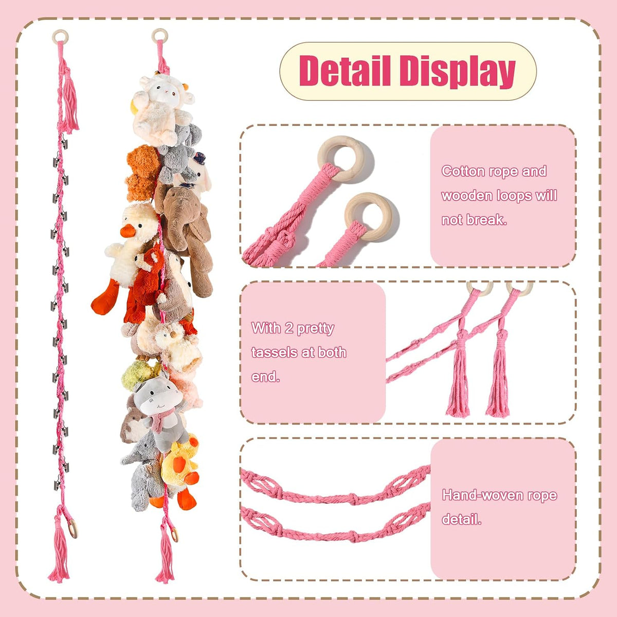 80" Stuffed Animal Organizer Chain, Wall Corner Storage, White,2pcs