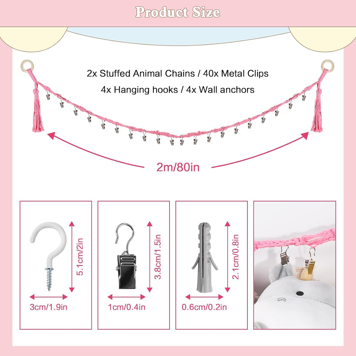 80" Stuffed Animal Organizer Chain, Wall Corner Storage, White,2pcs
