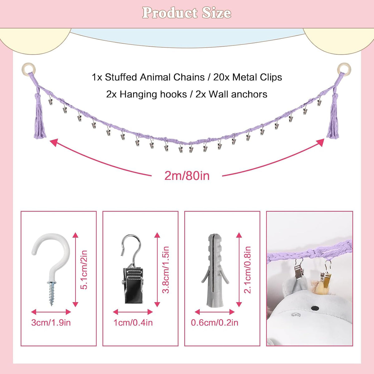 80" Stuffed Animal Organizer Chain, Wall Corner Storage, White,2pcs