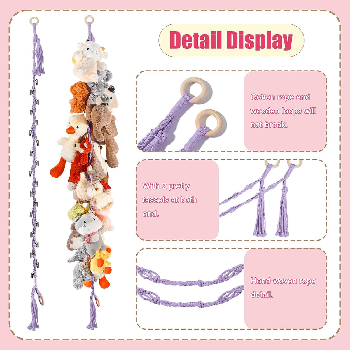 80" Stuffed Animal Organizer Chain, Wall Corner Storage, White,2pcs