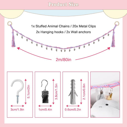 80" Stuffed Animal Organizer Chain, Wall Corner Storage, White,2pcs