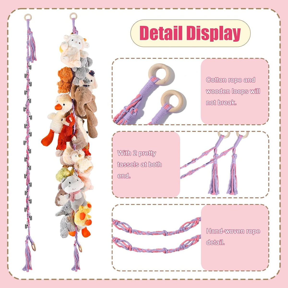80" Stuffed Animal Organizer Chain, Wall Corner Storage, White,2pcs
