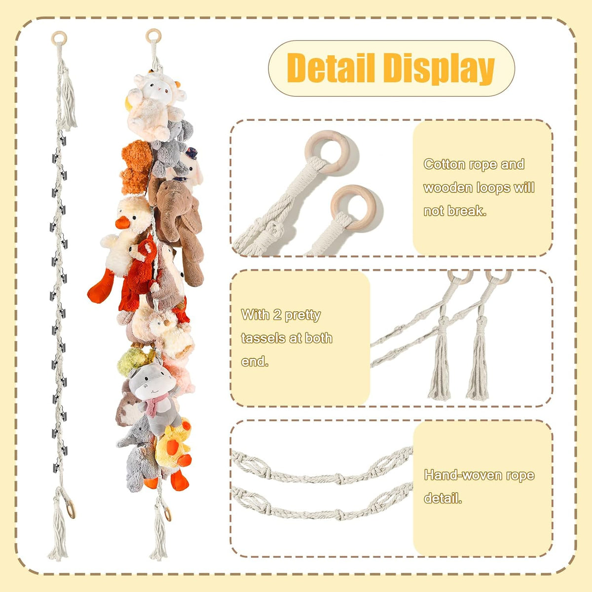 80" Stuffed Animal Organizer Chain, Wall Corner Storage, White,2pcs