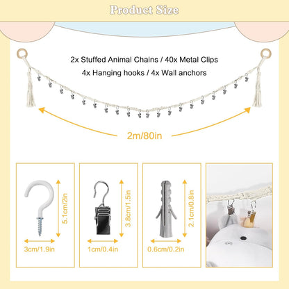 80" Stuffed Animal Organizer Chain, Wall Corner Storage, White,2pcs