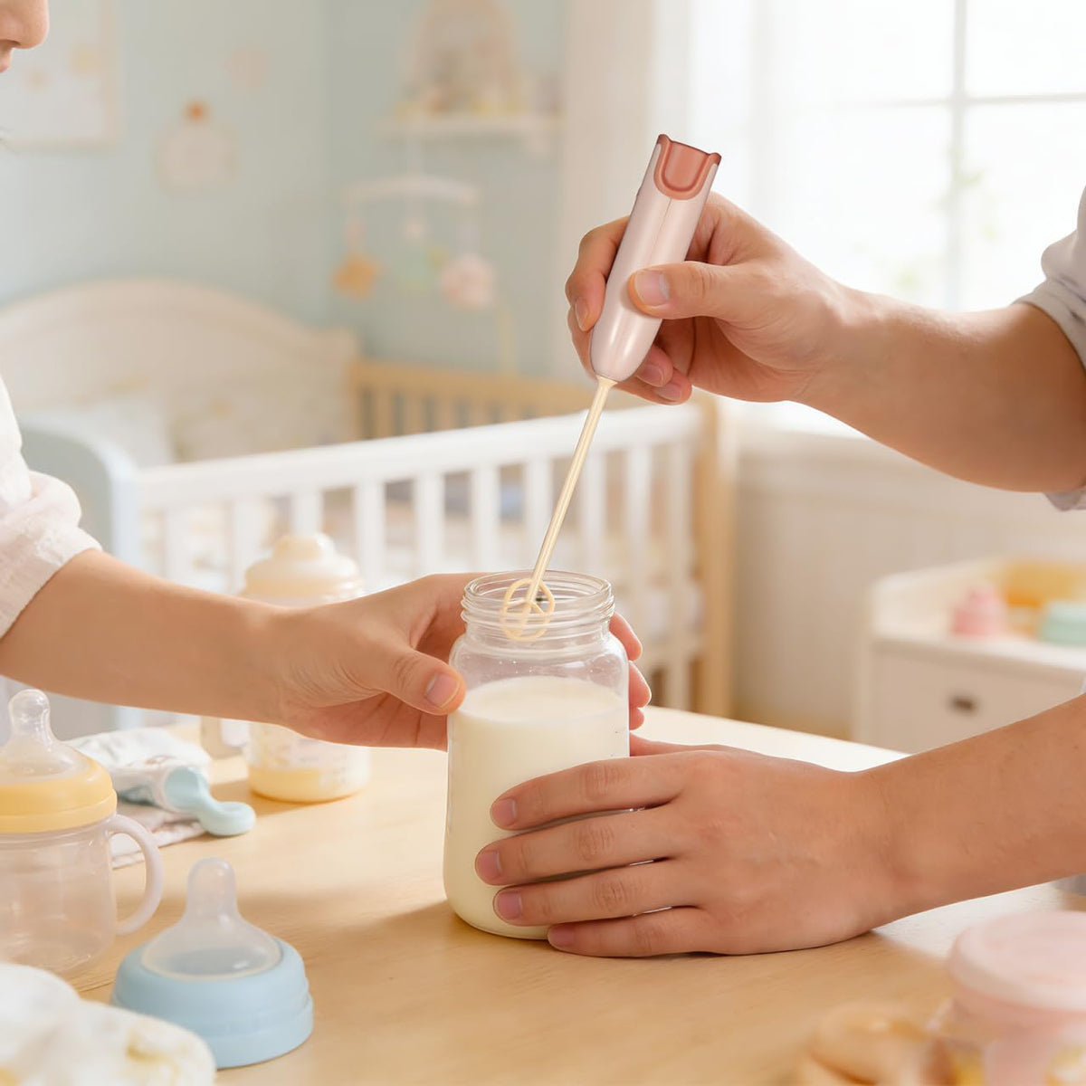 Handle Electric Baby Formula Mixer, Milk Powder Stirrer with 2 Mixing Rods, Portable Bottle Mixer with Long Rod Design Lightweight Cordless Electric Stirrer for Baby Bottle Coffee Protein