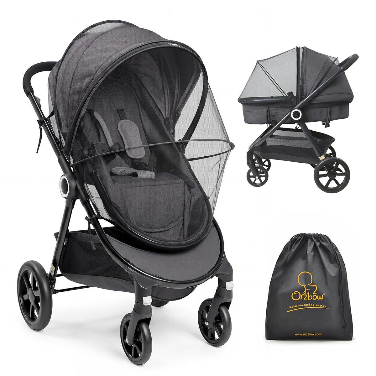 Orzbow Baby Mosquito Net for Stroller with Sun Shade, Breathable, Black