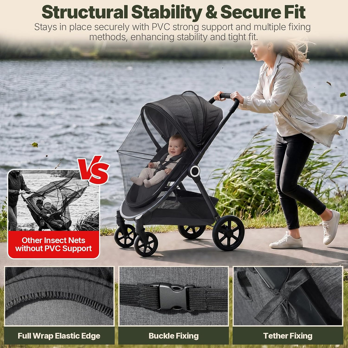 Orzbow Baby Mosquito Net for Stroller with Sun Shade, Breathable, Black
