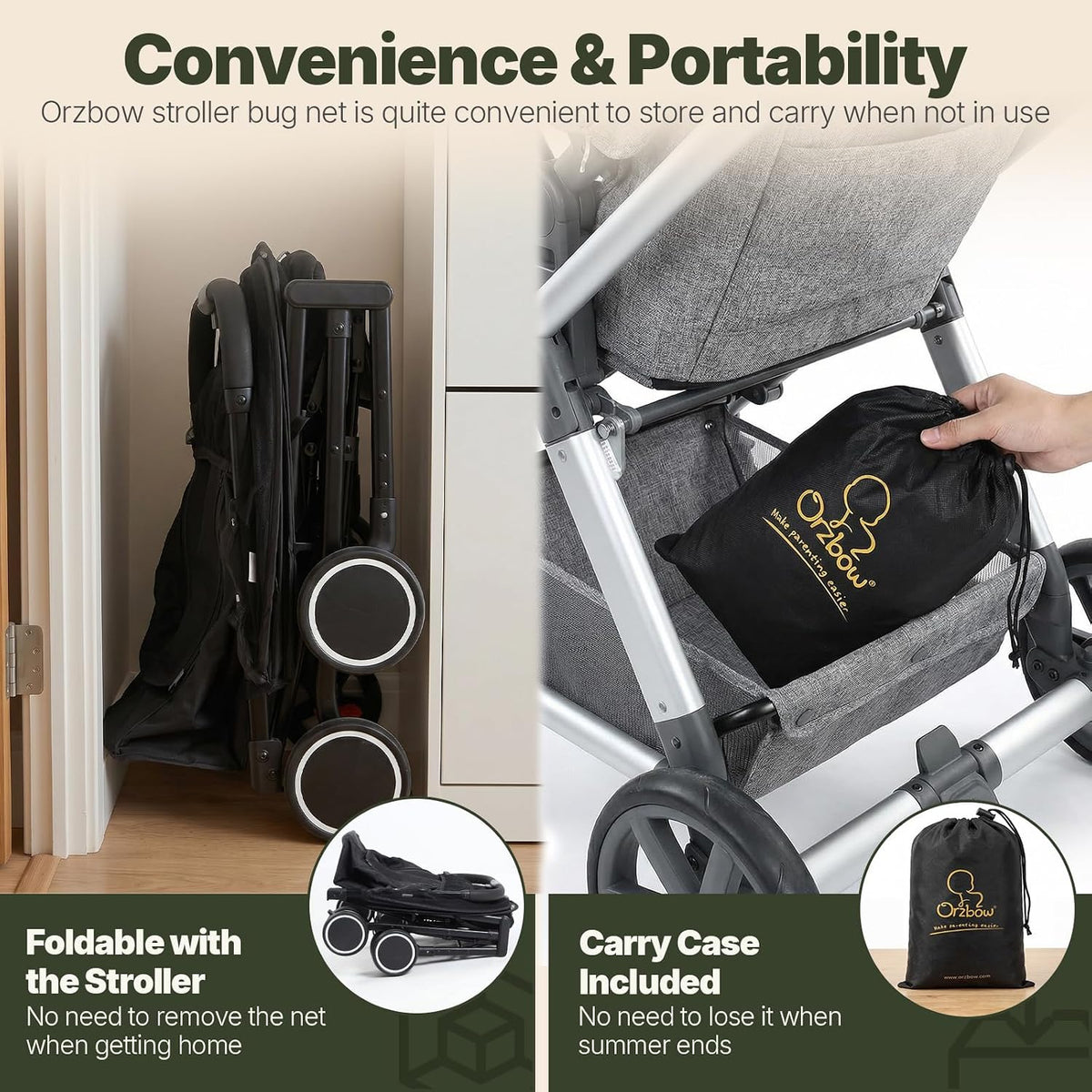 Orzbow Baby Mosquito Net for Stroller with Sun Shade, Breathable, Black