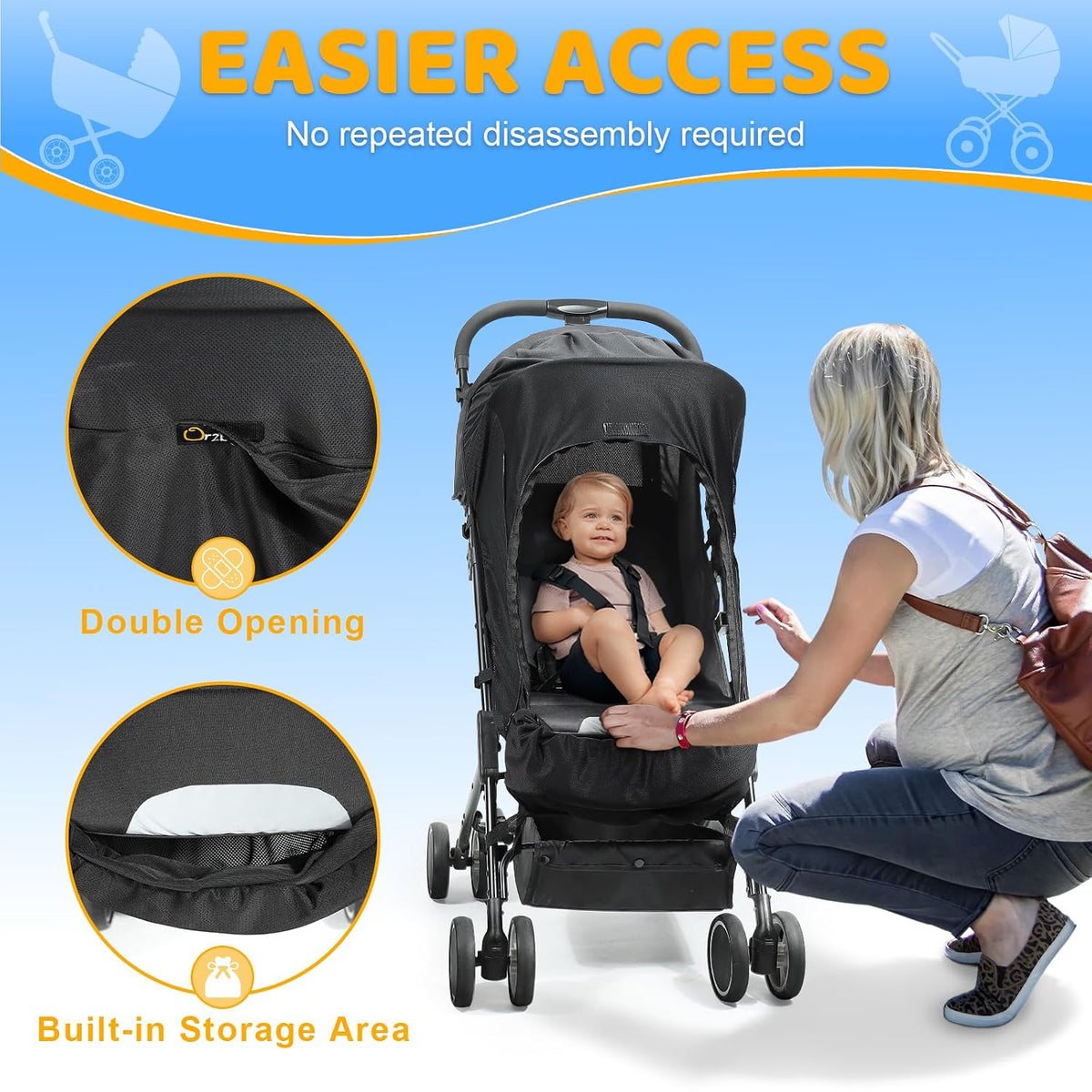 Orzbow Baby Mosquito Net for Stroller with Sun Shade, Breathable, Black