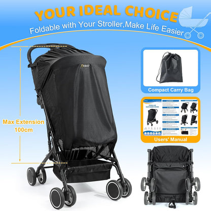 Orzbow Baby Mosquito Net for Stroller with Sun Shade, Breathable, Black