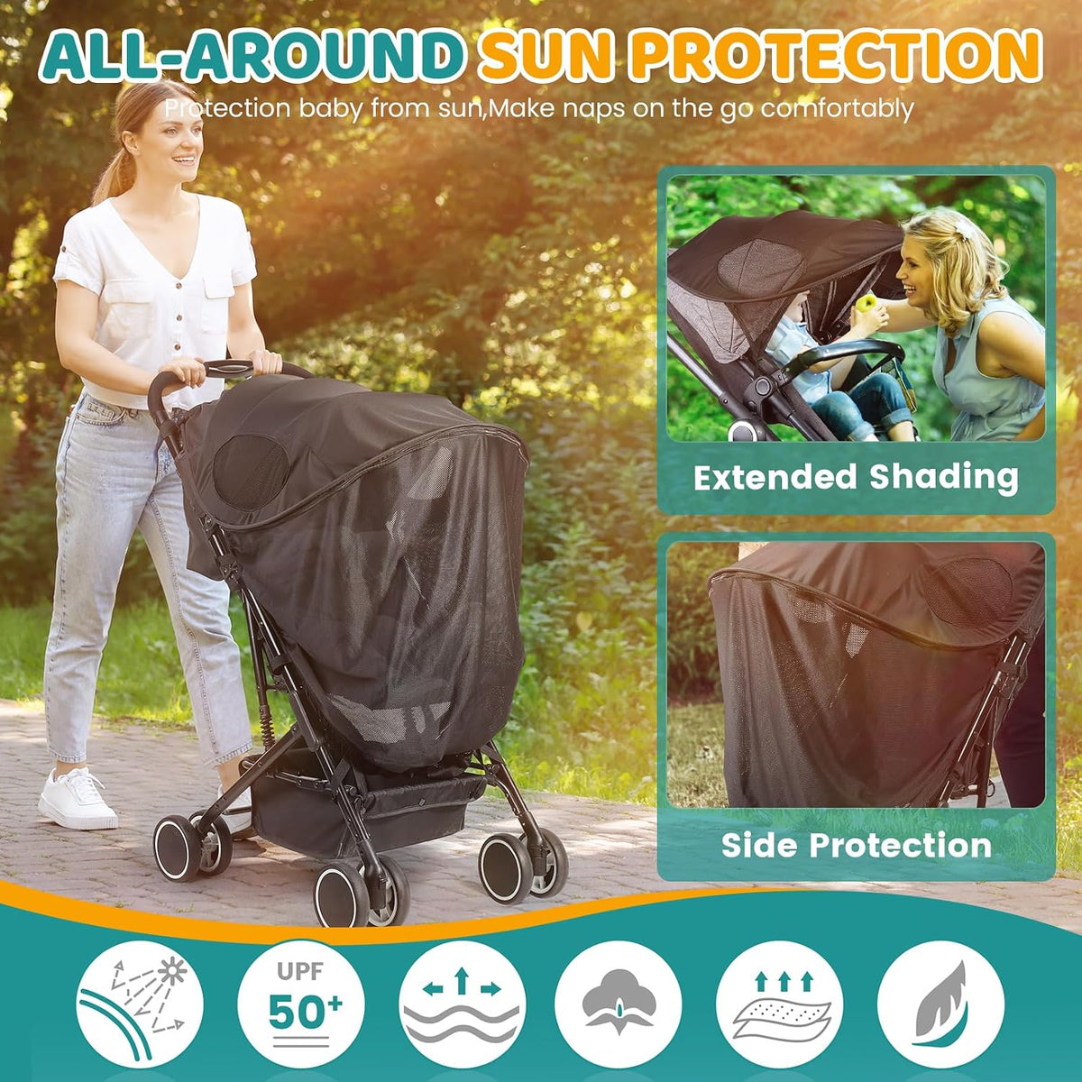 Orzbow Baby Mosquito Net for Stroller with Sun Shade, Breathable, Black