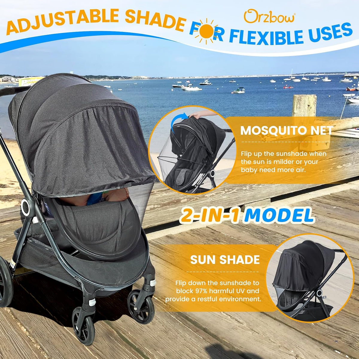 Orzbow Baby Mosquito Net for Stroller with Sun Shade, Breathable, Black