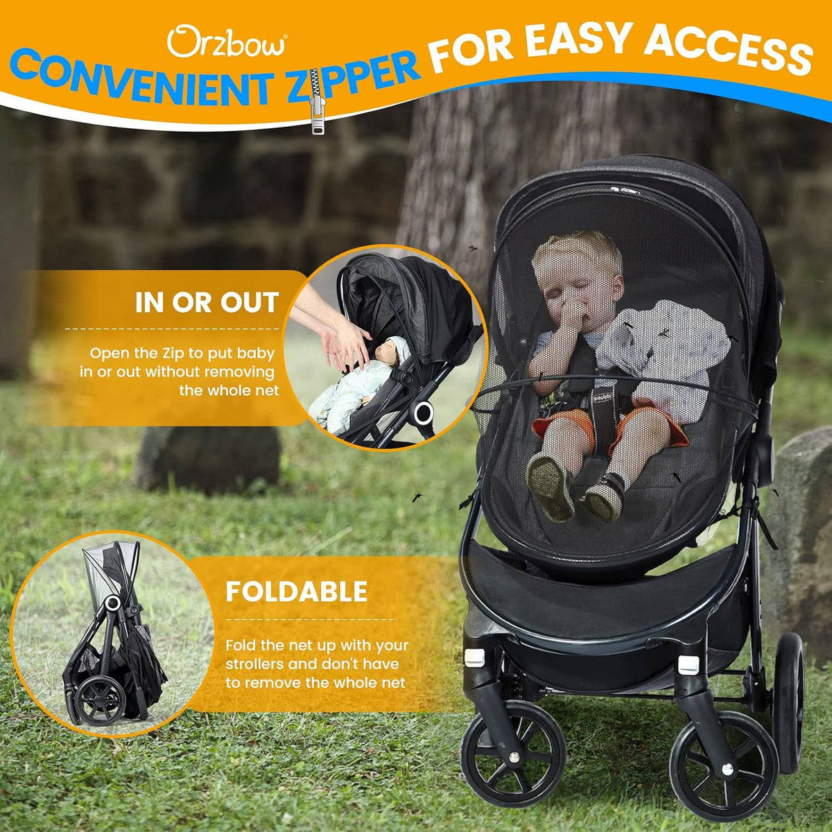 Orzbow Baby Mosquito Net for Stroller with Sun Shade, Breathable, Black