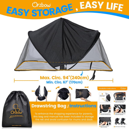 Orzbow Baby Mosquito Net for Stroller with Sun Shade, Breathable, Black