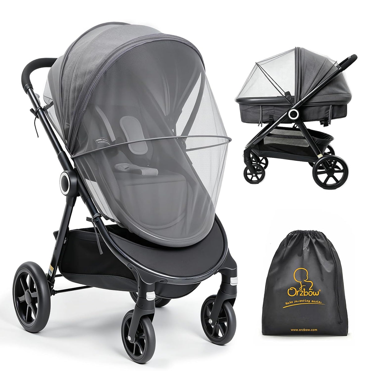 Orzbow Baby Mosquito Net for Stroller with Sun Shade, Breathable, Black