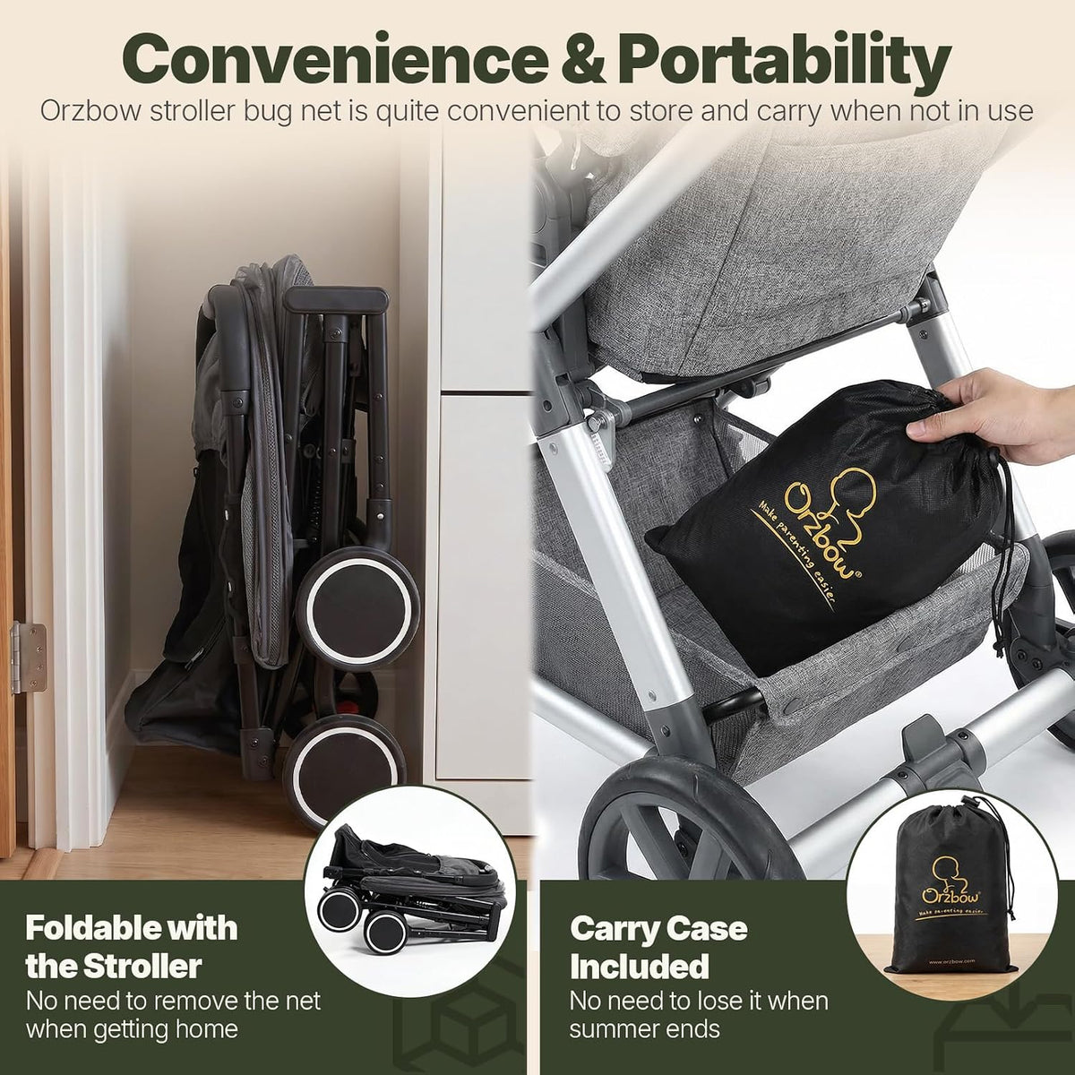 Orzbow Baby Mosquito Net for Stroller with Sun Shade, Breathable, Black
