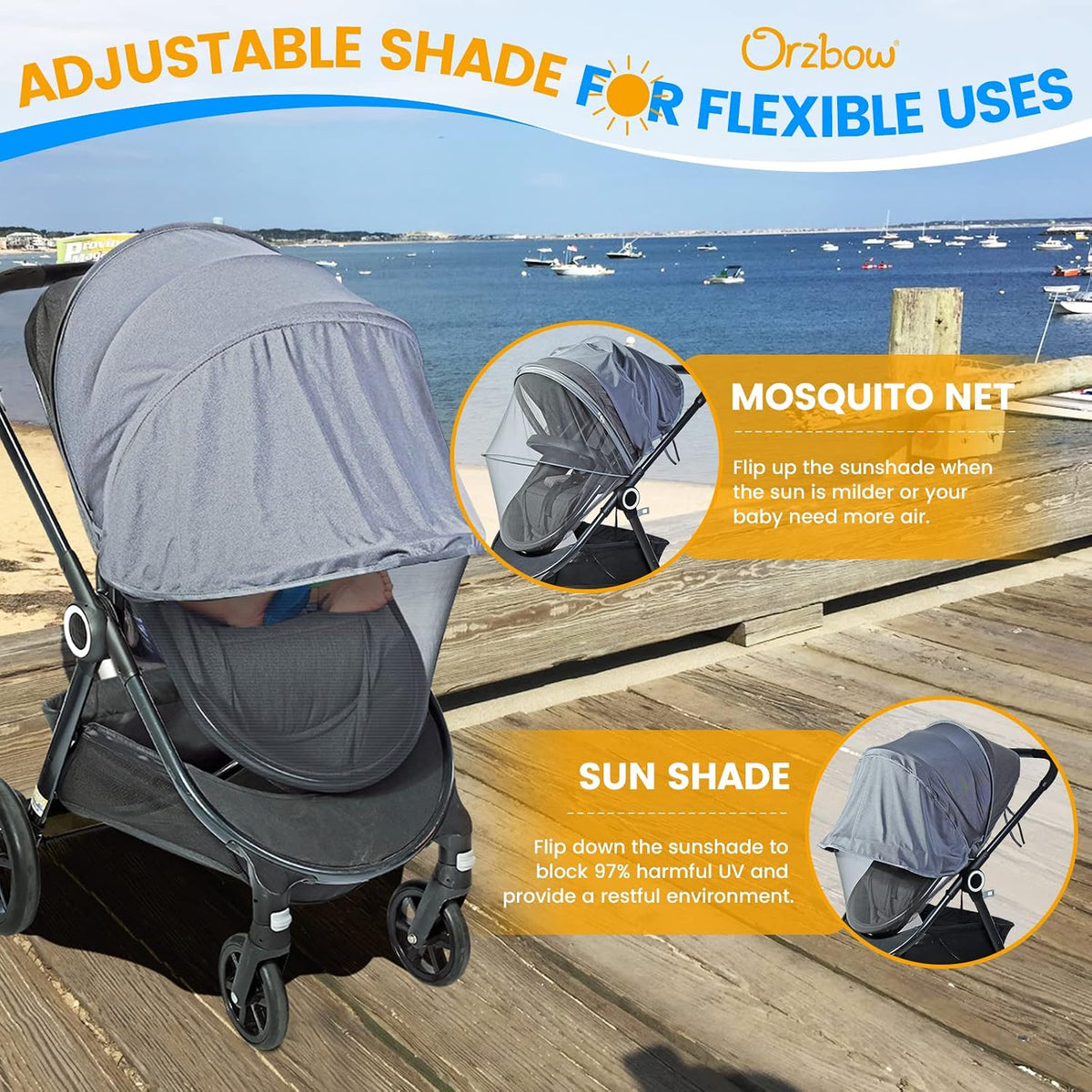 Orzbow Baby Mosquito Net for Stroller with Sun Shade, Breathable, Black