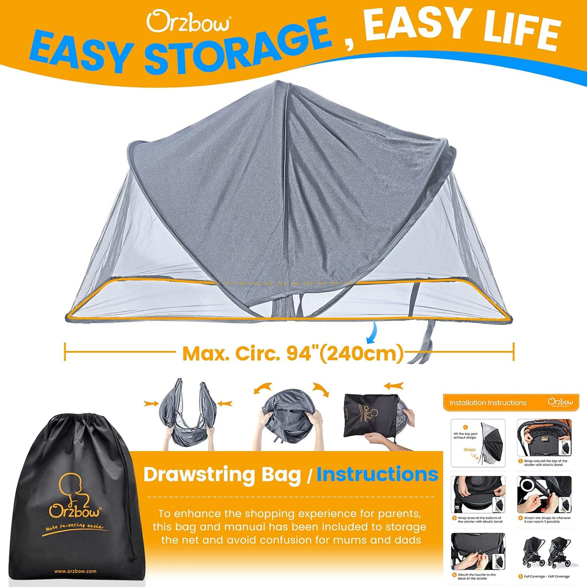 Orzbow Baby Mosquito Net for Stroller with Sun Shade, Breathable, Black