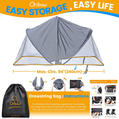 Orzbow Baby Mosquito Net for Stroller with Sun Shade, Breathable, Black