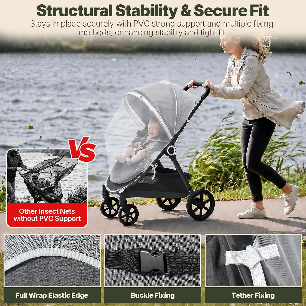 Orzbow Baby Mosquito Net for Stroller with Sun Shade, Breathable, Black