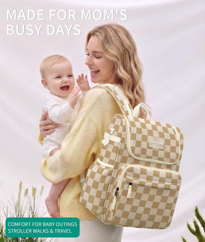 Large Corduroy Diaper Bag Backpack for Mom, 25L Baby Travel Bag with Insulated Bottle Pockets, 40oz Side Strap & Stroller-Ready Straps