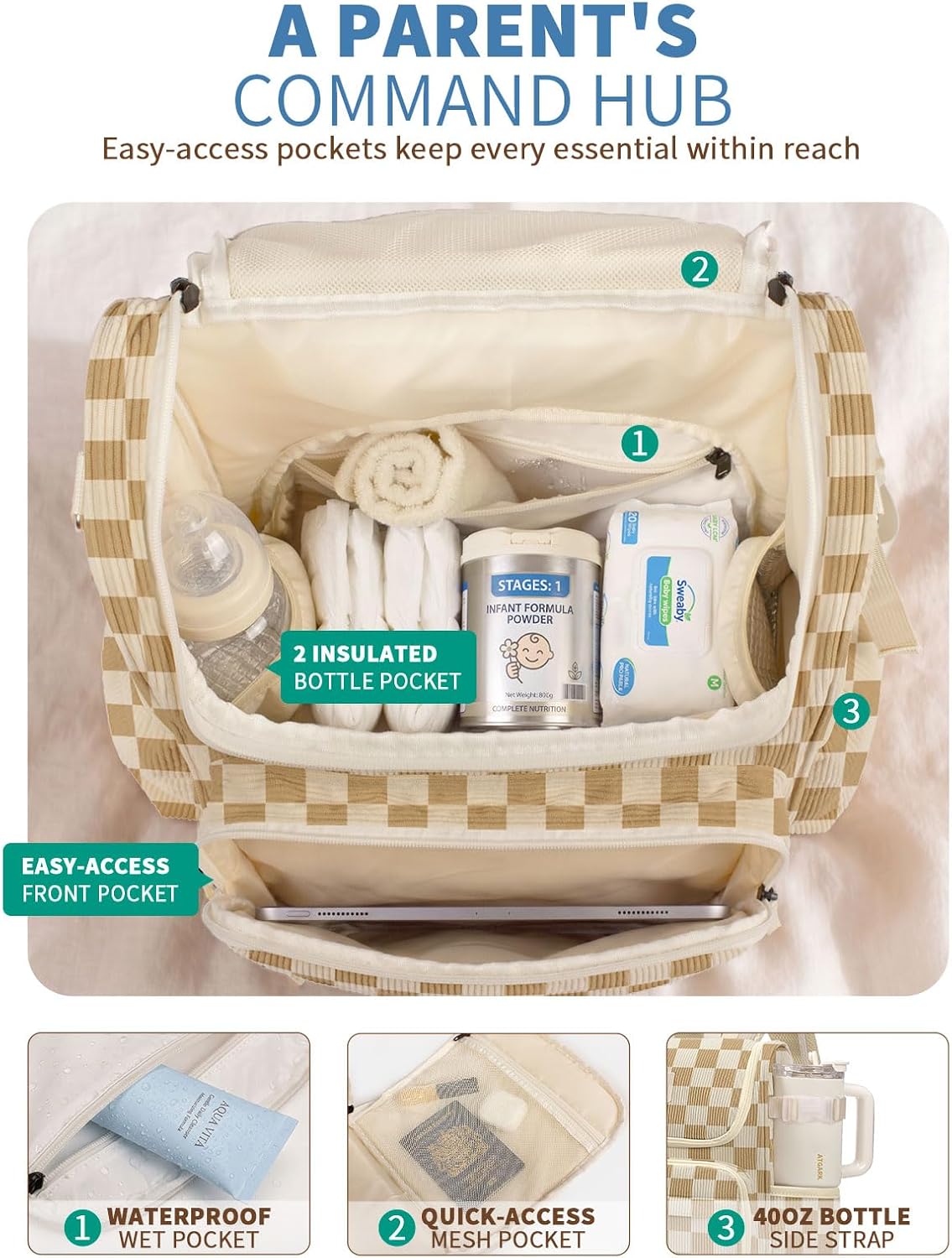 Large Corduroy Diaper Bag Backpack for Mom, 25L Baby Travel Bag with Insulated Bottle Pockets, 40oz Side Strap & Stroller-Ready Straps