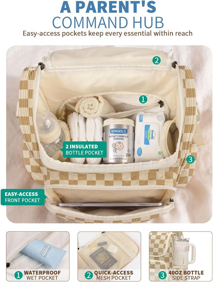 Large Corduroy Diaper Bag Backpack for Mom, 25L Baby Travel Bag with Insulated Bottle Pockets, 40oz Side Strap & Stroller-Ready Straps