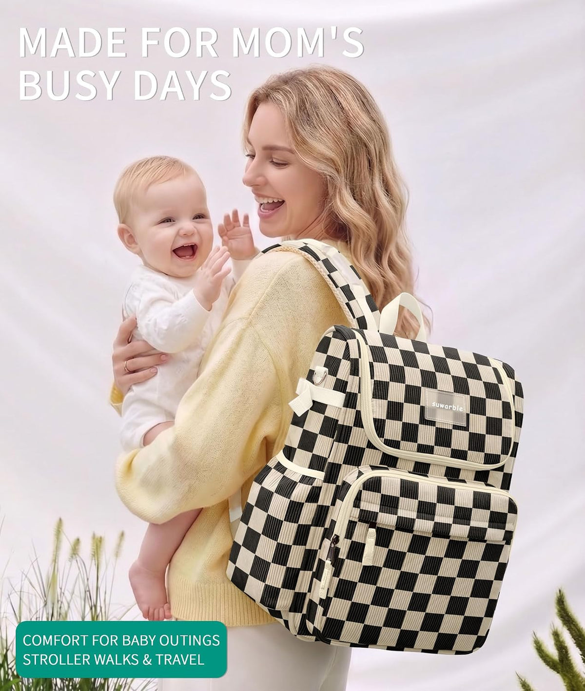 Large Corduroy Diaper Bag Backpack for Mom, 25L Baby Travel Bag with Insulated Bottle Pockets, 40oz Side Strap & Stroller-Ready Straps