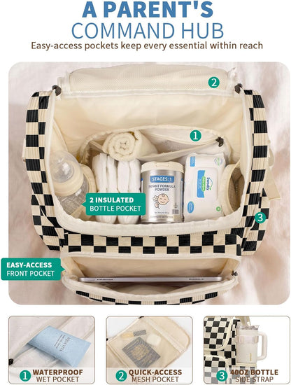 Large Corduroy Diaper Bag Backpack for Mom, 25L Baby Travel Bag with Insulated Bottle Pockets, 40oz Side Strap & Stroller-Ready Straps
