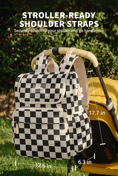 Large Corduroy Diaper Bag Backpack for Mom, 25L Baby Travel Bag with Insulated Bottle Pockets, 40oz Side Strap & Stroller-Ready Straps